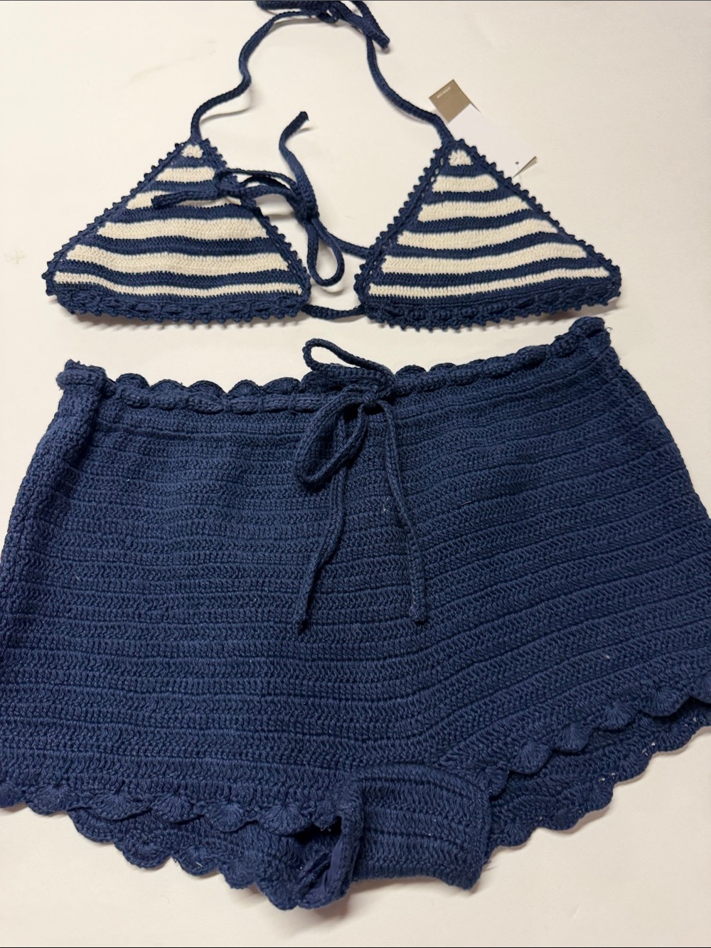 J. Crew Navy & Cream Crochet Bikini Top with Navy Crochet Shorts